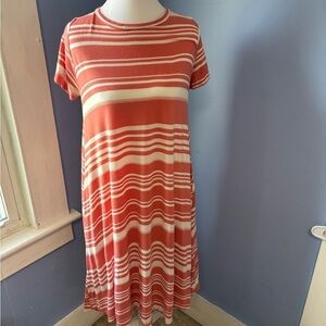 Orange and Pink Casual Midi Sundress with Crew Neck